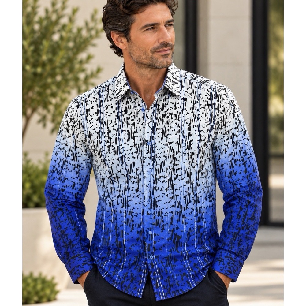 Robert Graham Button Down Shirt Men's L Snow Water Embroidered Brushstroke Rain